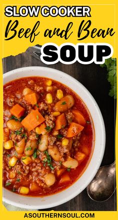 slow cooker beef and bean soup in a white bowl with the title above it