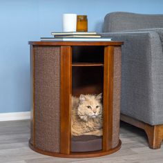 a cat sitting in a wooden cabinet next to a gray couch and coffee cup on the floor