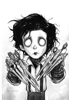 a black and white drawing of a boy with scissors in his hands, holding two knives