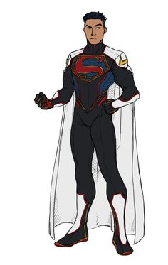 a man in a superman costume standing with his hands on his hips and wearing a cape