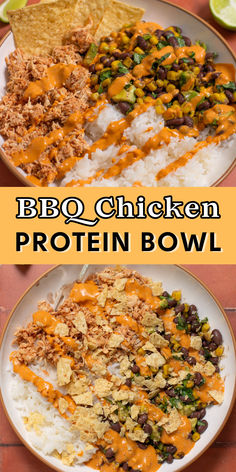 A shallow bowl with chicken, rice, and beans with an orange chipotle sauce drizzled on top. Bbq Chicken Rice Bowl, Chicken Protein Bowl, Protein Beans, High Protein Recipes Dinner, Protein Dinner Recipes, Quick Recipe Videos, Nourish Bowls, Chicken Rice Bowl, Easy Summer Dinner