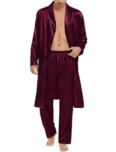 PRICES MAY VARY. 🛀Premium Fabric: Classic men's Bathrobe with Pants made of 95% Polyester, 5% Spandex silk satin material, luxuriously soft, lightweight material with silky feel for comfy night sleep 🛀2PCS Sleepwear: Men's Kimono bathrobe with pants set included a knee-length, long-sleeve robe with two front pockets, classical v-neck design with two pockets for small items; belt loops and inside ties for free adjustment; pants with soft elastic waist. Very comfortable for wearing around the ho Fitted Satin Robe For Loungewear, Mens Silk Pajamas, Men's Kimono, Silk Bathrobe, Kimono Bathrobe, Dr Wardrobe, Silky Robe, Bathrobe Men, Male Kimono