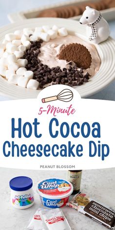 hot cocoa cheesecake dip recipe on a plate with marshmallows and chocolate chips