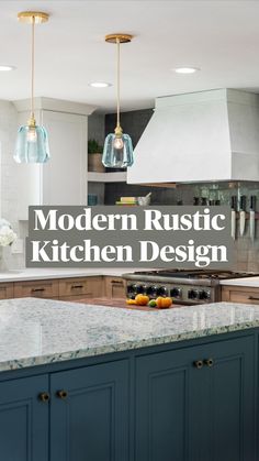 a kitchen with marble counter tops and blue cabinets, hanging lights above the stove top