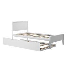 a white bed frame with two drawers underneath the headboard and foot board, in front of a white background