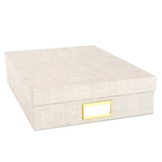 a white box with a gold handle on the lid and bottom is shown in front of a white background