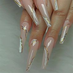 French Pink Marble Pattern Fake Nails Gold Striped Long Coffin Press On Nails | eBay Gold Nail Designs, Nagel Tips, Coffin Press On Nails, Fake Nails With Glue, Ballerina Nails, Diy Nail Art, Nagel Inspo, Butterfly Nail, Coffin Nails Designs