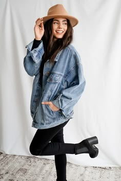 Oversized Denim Jacket | BoomyLA Causal September Outfit, Jean Jacket Outfits Modest, Oversized Demin Jacket Outfit Winter, Work Outfit Fall 2023, Over Sized Jean Jacket Outfits Fall, Every Day Casual Outfits, Boyfriend Jean Jacket Outfits, Oversized Denim Shacket Outfit, Goodwill Finds Clothes Outfits