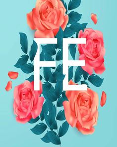 the letter f is surrounded by pink roses and leaves on a blue background with white lettering