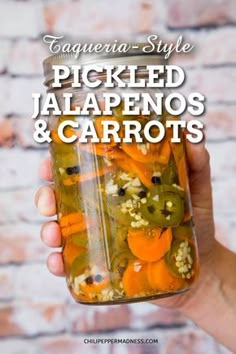 pickled jalapenos and carrots in a jar with text overlay