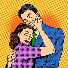 a man and woman hugging each other in the style of pop art on yellow background