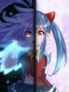 two anime characters with blue hair and red eyes, one is looking at the camera