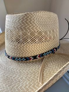 "Diamond hatband 1/4\" wide All bead work is beaded with 10lb extreme braided nylon line. All hat bands are finished at 23\" with glued than sewed down leather ends and an adjustable leather tie." Bead Hat, Jewelry Looms, Beaded Hat Bands, Band Ideas, Beaded Stuff, Hat Bands, Beaded Hat, Beaded Necklace Designs, Seed Beading