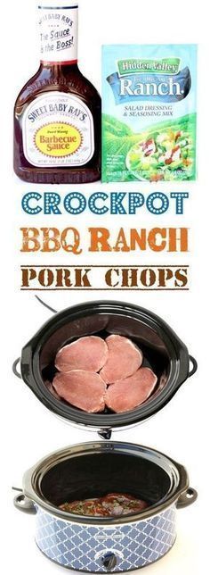 an image of bbq ranch pork chops in the crock pot with text overlay