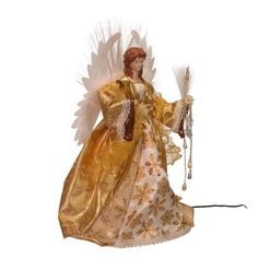 This Angel Looks Beautiful In Her Gold Gown With A Glittered Snowflake Pattern. She Holds A Candle And A Gold Decorated Snowflake In Her Left Hand. Her Fiber-Optic Color-Changing Angel Wings And The Pearl And Sequined Accents Sets Her Apart From All Other Angels.. 19 In H X 11.5 In W X 6 In D. Purchase includes One Tree Topper. Tree Collar, Spooky Town, Angel Tree Topper, Gold Gown, Led Color Changing Lights, Wreath Home Decor, Halloween Village, Gold Angel, Angel Tree