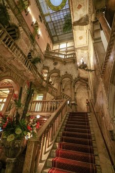 an ornate staircase with red carpeted stairs and potted plants on either side, leading up to the second floor