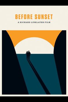 a movie poster for before sunset with two people standing on the edge of a cliff