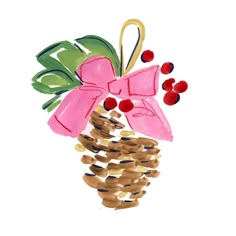 a watercolor drawing of a pine cone with a pink bow and berries on it