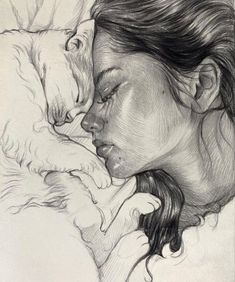 a drawing of a woman holding a dog's head in her right hand and looking at it