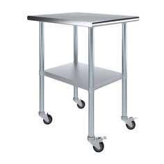 a stainless steel table with wheels on the bottom and an open shelf for storage in the middle