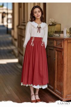 Lasaky - Bohemian Retro Embroidered Doll Collar Long Sleeve Dress with Double-layer Embroidered Lace and Half Skirt Embroidered Doll, Red Long Skirt, Long Sleeve Embroidered Dress, Tulle Tutu Skirt, Doll Collar, Pencil Skirt Dress, Modest Skirts, Embroidered Collars, Red Skirt