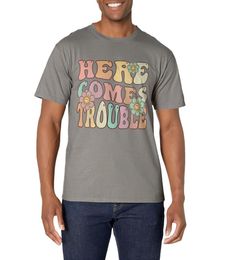 PRICES MAY VARY. Groovy Floral Here Comes Trouble Shirt, Here Comes Trouble Shirt Funny Quote Sarcastic Saying For Mens Womens Kids. Here Comes Trouble Groovy Retro Vintage Shirt. Lightweight, Classic fit, Double-needle sleeve and bottom hem Retro Gray Cotton Tops, Printed Gray Crew Neck T-shirt, Gray Retro Cotton Top, Gray Printed Crew Neck T-shirt, Retro Gray T-shirt With Letter Print, Retro Gray Letter Print T-shirt, Retro Printed T-shirt With Relaxed Fit, Gray Cotton Shirt With Graphic Print, Casual Multicolor Shirt With Front Print