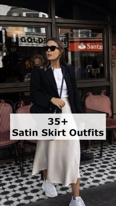 White Satin Skirt Outfit, White Skirt Winter, Satin Skirt Outfit Summer, Slip Skirt Outfit, White Satin Skirt, Blue Skirt Outfits, Silk Skirt Outfit, Skirt Outfit Casual, Black Satin Skirt