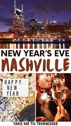 the new year's eve mashville poster with images of fireworks and champagne