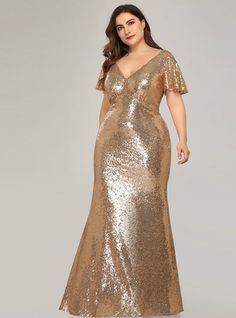 Silhouette:mermaid Hemline:floor length Neckline:v-neck Fabric:sequins Shown Color:gold Sleeve Style:short sleeve Back Style:zipper up Embellishment:sequins Plus Size Formal Gowns, Plus Size Gowns Formal, Thigh Workouts, Long Party Gowns, Gold Evening Dresses, Sequin Evening Gowns, Sequin Formal Dress, Floor Length Prom Dresses, Plus Size Formal