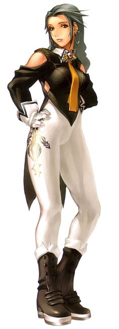 an anime character is dressed in white pants and black top with gold trimmings