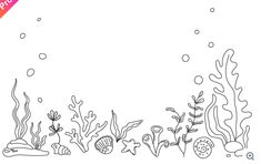 an underwater scene with corals and seaweed in black and white coloring book page