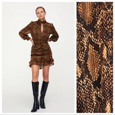 Nwt. Zara Animal Print Mini Dress With High Collar, Long Sleeves, Front Opening, Elastic Waistband, Gathered Hem With Ruffles, Front And Back Metal Button Closure. Size S. Ref. 8600/379. Pit To Pit 17" Flat, Shoulders 13,5", Sleeves 23,5", Waist 12,5", Length 35". 1025. Brown Stretch Ruched Dress, Zara Long Sleeve Brown Dress, Brown Ruffle Dress For Night Out, Brown Ruffled Dress For Night Out, Zara Fitted Leopard Print Mini Dress, Zara Brown Stretch Dresses, Zara Brown Knee-length Dress, Zara Brown Dress For Fall, Chic Brown Mini Dress By Zara