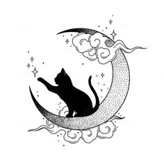 a black cat sitting on the moon with clouds and stars around it's neck