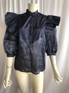 ESCADA Rare Puff Sleeves / Ruffles 100 % Silk Shirt 3/4 | Etsy Chic Navy Short Sleeve Blouse, Summer Ruffle Blouse With 3/4 Sleeves, Summer Blouse With Ruffles And 3/4 Sleeves, Fall Ruffled Short Sleeve Shirt, Summer Ruffle Half Sleeve Blouse, Summer Half Sleeve Blouse With Ruffles, Fall Short Sleeve Shirt With Ruffles, Fall Shirt With Ruffles And Short Sleeves, Ruffled 3/4 Sleeve Blouse For Work