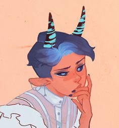 a drawing of a woman with horns on her head and blue hair, wearing a white shirt