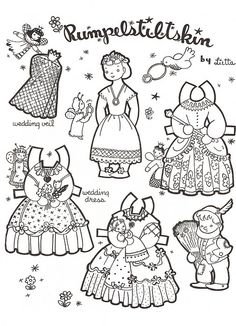 some paper dolls are drawn in black and white, with the words rumblestickle kitten on