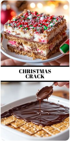 christmas cracker dessert on a plate being drizzled with chocolate and sprinkles