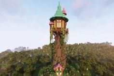 a very tall tower with a clock on it's side in the middle of some trees