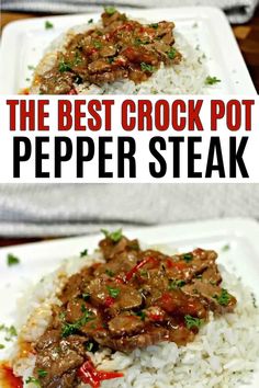 crockpot pepper steak recipe on top of white rice