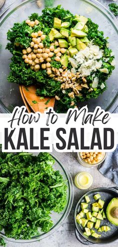 Kale salad in glass bowl with wood salad tongs. Kale salad ingredients portioned in bowls and ready for mixing. Title: How to Make Kale Salad Massaged Kale Salad, Massaged Kale, Kale Salad Recipes, Brain Food, Lunch Salads, Kale Salad, Vegan Salad, Avocado Salad, How To Make Salad