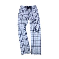 "The Citadel Flannel Pajama Pants From pajama wear to relaxing casuals, this unisex fit flannel pant offers comfortable style in a length to love. Featuring super soft fabric made, this pant is sure to become an everyday favorite. Perfect loungewear with pockets and an adjustable cotton, twill tape tie. Lounge around in your dorm or sorority house in these super comfy flannel pants. Beautifully embroidered flannel pant with your sorority letters in white on the left hip. *4.3 oz., 100% double-br College Gift Ideas, Embroidered Flannel, Sorority House, Sorority Letters, The Citadel, Flannel Pajama Pants, Comfy Blankets, Flannel Pants, College Gifts