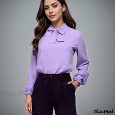 Olivia Mark - Loose Fit Chiffon Blouse with Sexy Stand Collar and Self-tie Bow, Long Sleeves Purple L, Batwing Top, Knot Tie, Asymmetrical Sweater, Job Career, Career Success, Tie Sleeve, Elegant Shirt, Chiffon Shirt