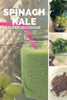 spinach kale super smoothie in a mason jar with sprouts and grapes