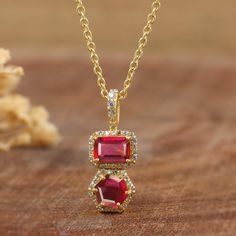 2 Stone red ruby pendant necklace for women, Octagon and Hexagon Shape Ruby pendant necklace for her, Minimalist pendant necklace. *Other Similar Jewelry Available Here* https://www.etsy.com/shop/AreebaJewelry Details:- Gemstone - Ruby  Stone Color Available - Natural Red  Stone Setting - Prong Quality - AAA Grade Rize Size - 16 US TO 20 Inch Available Type - 100% Natural  Shipping service - Free worldwide shipping service About AreebaJewelry:- AreebaJewelry takes great pride in the design and c Red Ruby Jewelry Gift For Her, Fine Jewelry Red Ruby Necklace, Red Birthstone Necklace With Lab-created Ruby, Red Lab-created Ruby Birthstone Necklace, Red Ruby Gemstone Birthstone Necklace, Red Gemstone Necklace For Her, Red Ruby Birthstone Necklace, Red Gemstone Necklace As A Gift For Her, Red Lab-created Ruby Necklace As Gift