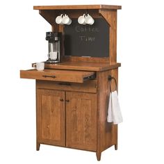 a small wooden coffee bar with chalkboard on it