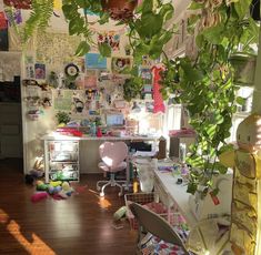 a room filled with lots of clutter and plants hanging from the ceiling above it