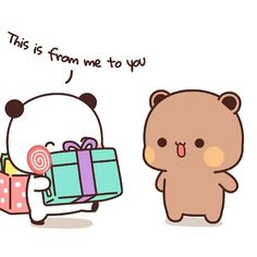 a cartoon bear holding a gift box and another bear with a lollipop in its mouth