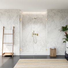 a bathroom with marble walls and flooring next to a plant in a white vase