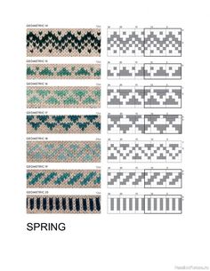 the knitting pattern is shown with different colors and patterns for each stitching piece, including green