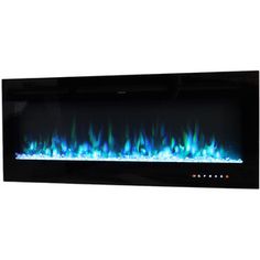 an electric fireplace with blue and green flames on the side, against a white background